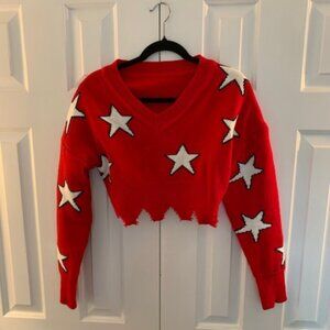 Red Crop Sweater with Stars